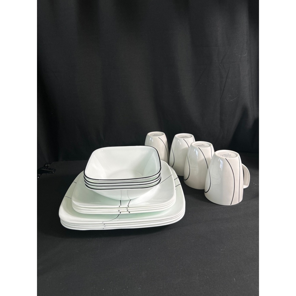 Corelle Simple Lines 16 Piece Square Dinnerware Set White Black Contemporary